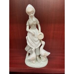 Vintage Porcelain Woman Feeding Geese Figurine Country Farmhouse Decor